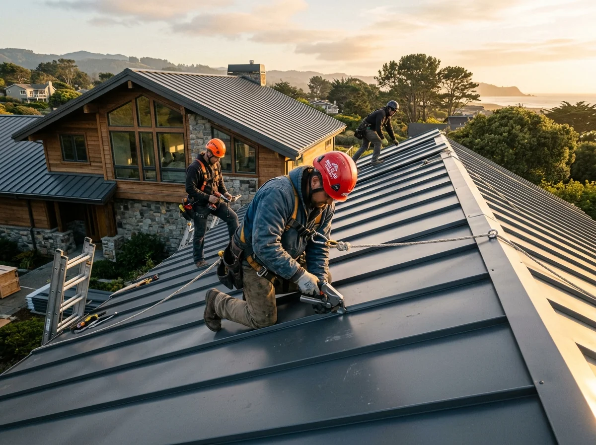 Smart Roofing experienced crew installing standing seam metal roof