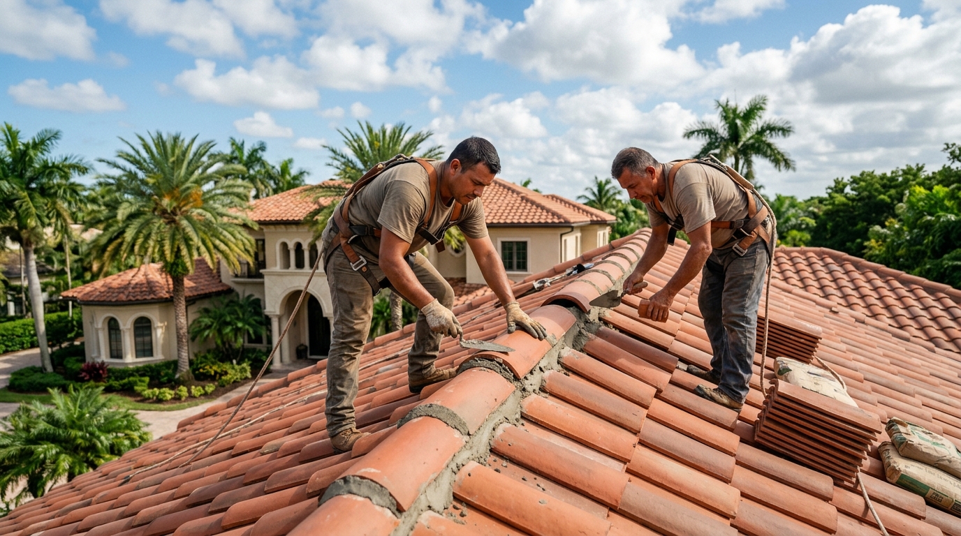 Master roofers on Florida tile roof